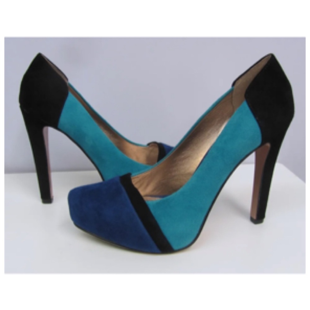BCBG Shoes New Color Block Suede TURQUOISE Turquoise Black Blue Sexy Heels 6B 36
